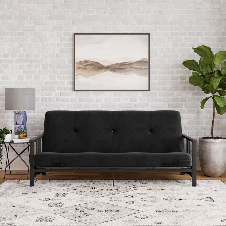 Harlow Full Metal Arm Futon with 6 Inch Thermobonded High Density Polyester Fill Futon Mattress - Black