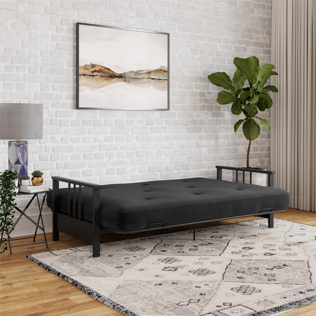 Harlow Full Metal Arm Futon with 6 Inch Thermobonded High Density Polyester Fill Futon Mattress - Black