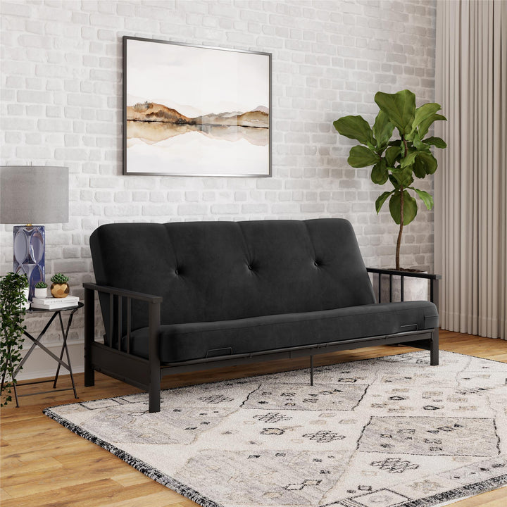 Harlow Full Metal Arm Futon with 6 Inch Thermobonded High Density Polyester Fill Futon Mattress - Black