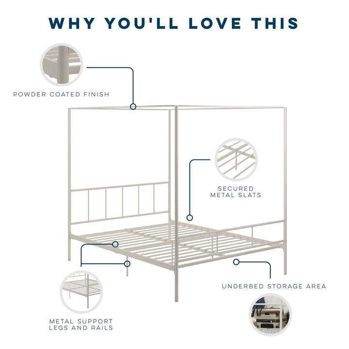 Durable and Stylish Marion Four Poster Metal Canopy Bed -  White 