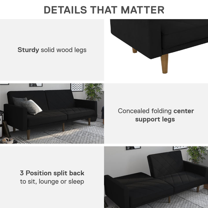 Paxson Futon with Solid Wood Legs and Diagonal Design - Black