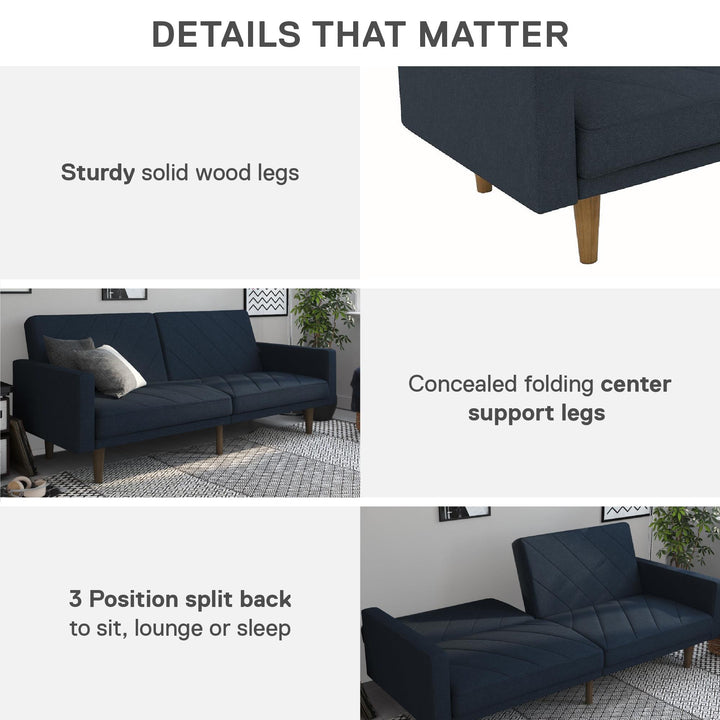 Paxson Futon with Solid Wood Legs and Diagonal Design - Navy
