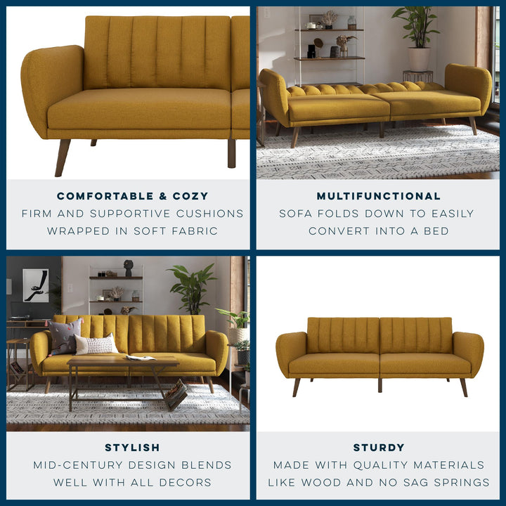 Brittany Futon with Vertical Channel Tufting and Curved Armrests - Mustard