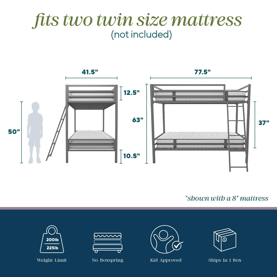 Maxwell Twin-Over-Twin Metal Bunk Bed - Gray - Twin-Over-Twin