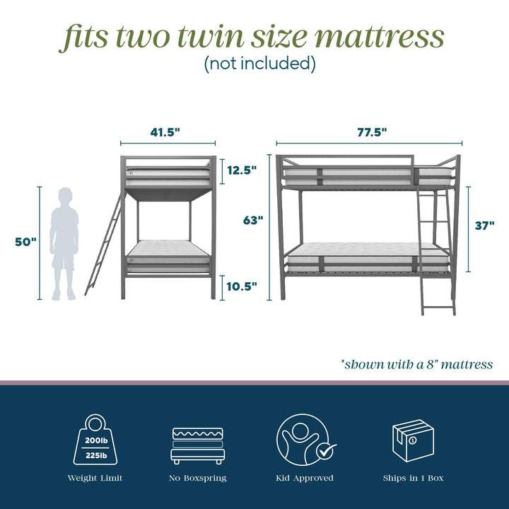 Maxwell Twin-Over-Twin Metal Bunk Bed - Gray - Twin-Over-Twin