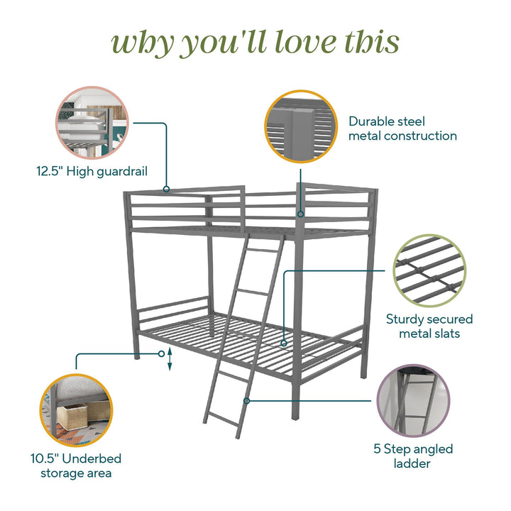 Maxwell Twin-Over-Twin Metal Bunk Bed - Gray - Twin-Over-Twin
