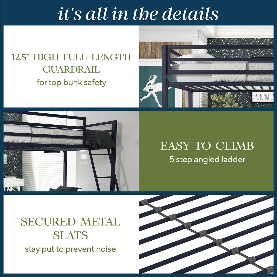 Maxwell Twin-Over-Twin Metal Bunk Bed - Navy - Twin-Over-Twin