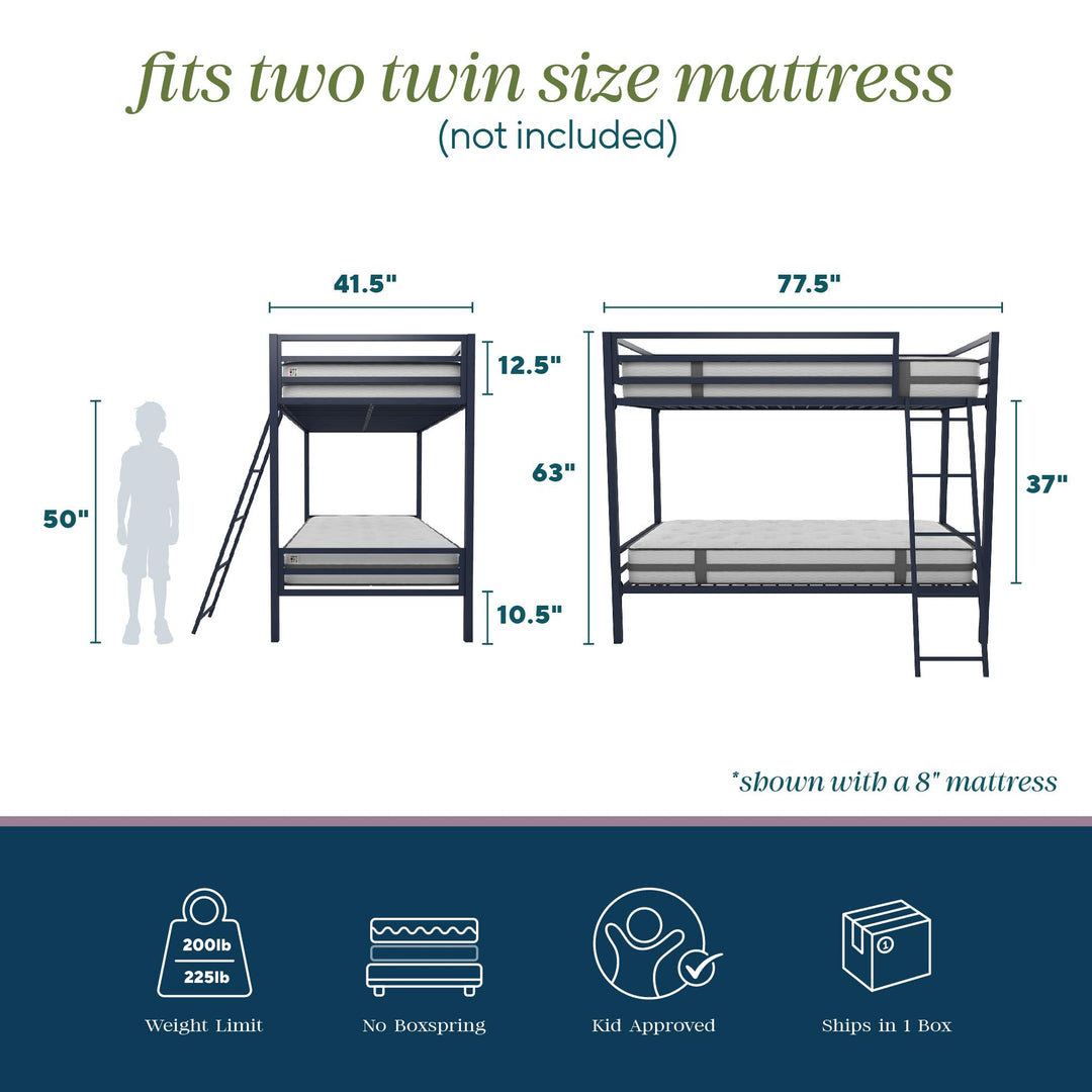 Maxwell Twin-Over-Twin Metal Bunk Bed - Navy - Twin-Over-Twin
