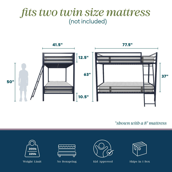 Maxwell Twin-Over-Twin Metal Bunk Bed - Navy - Twin-Over-Twin