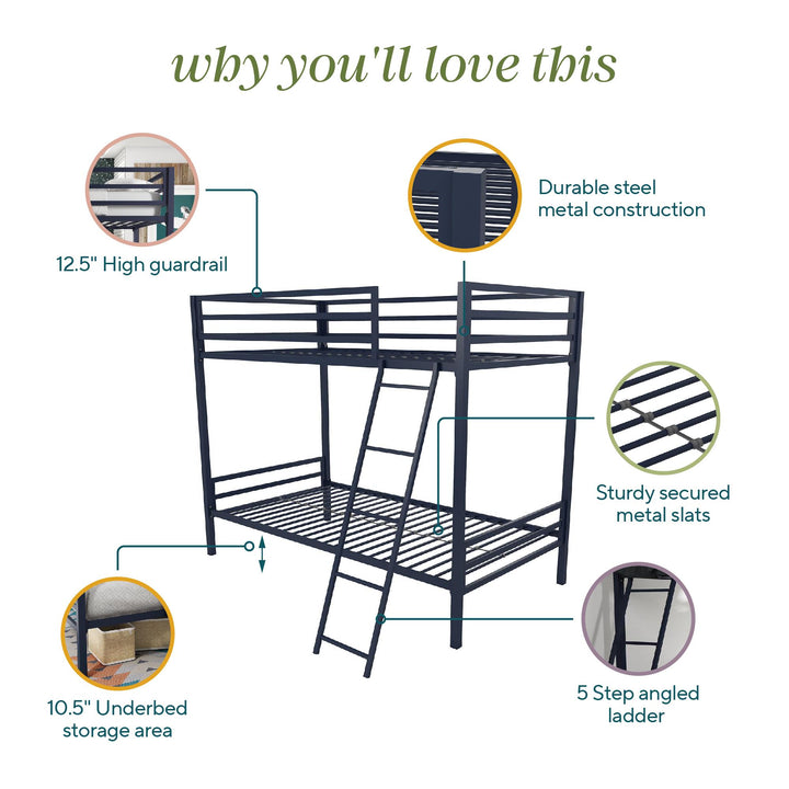 Maxwell Twin-Over-Twin Metal Bunk Bed - Navy - Twin-Over-Twin