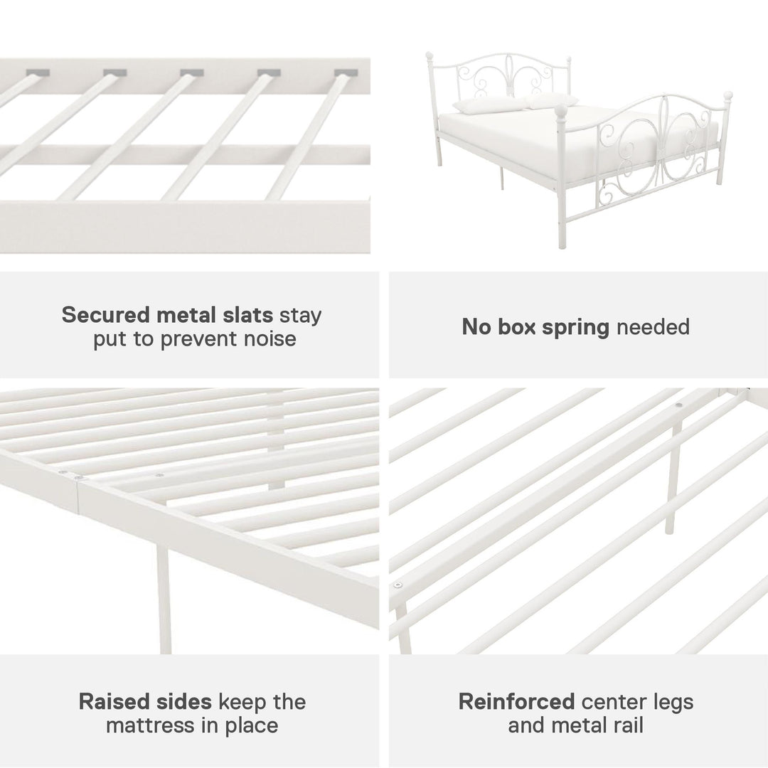 Metal Bed with Secured Metal Slats -  White  -  Full