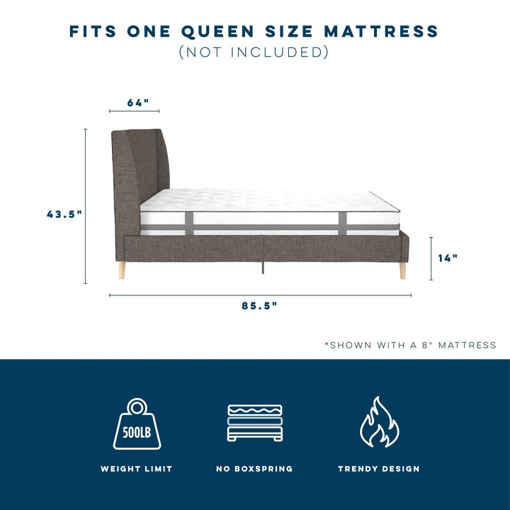 Her Majesty Wingback Bed with a Button Tufted Headboard and Tapered Wood Legs - Grey Linen - Queen