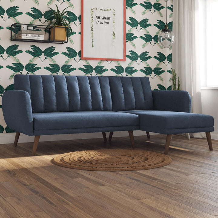 Brittany Sectional Futon Sofa with Vertical Channel Tufting and Curved Armrests - Blue Linen