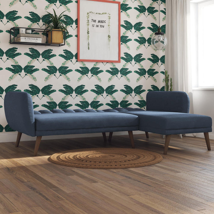 Brittany Sectional Futon Sofa with Vertical Channel Tufting and Curved Armrests - Blue Linen