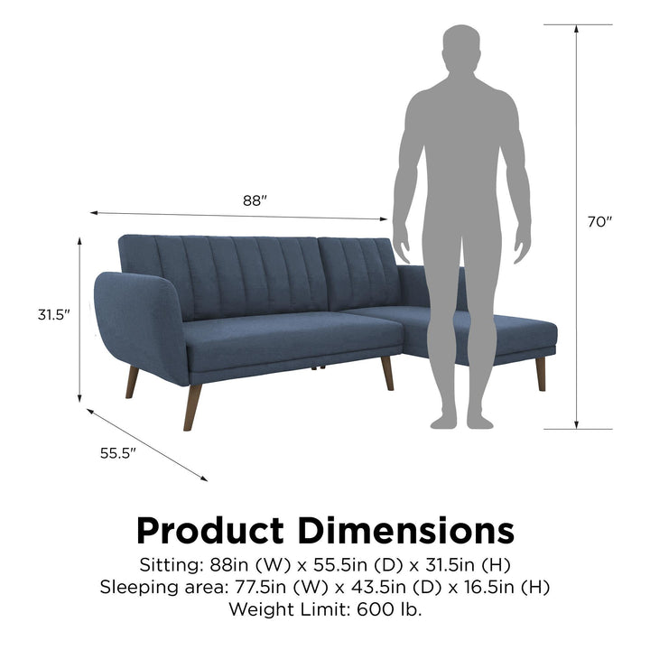Brittany Sectional Futon Sofa with Vertical Channel Tufting and Curved Armrests - Blue Linen