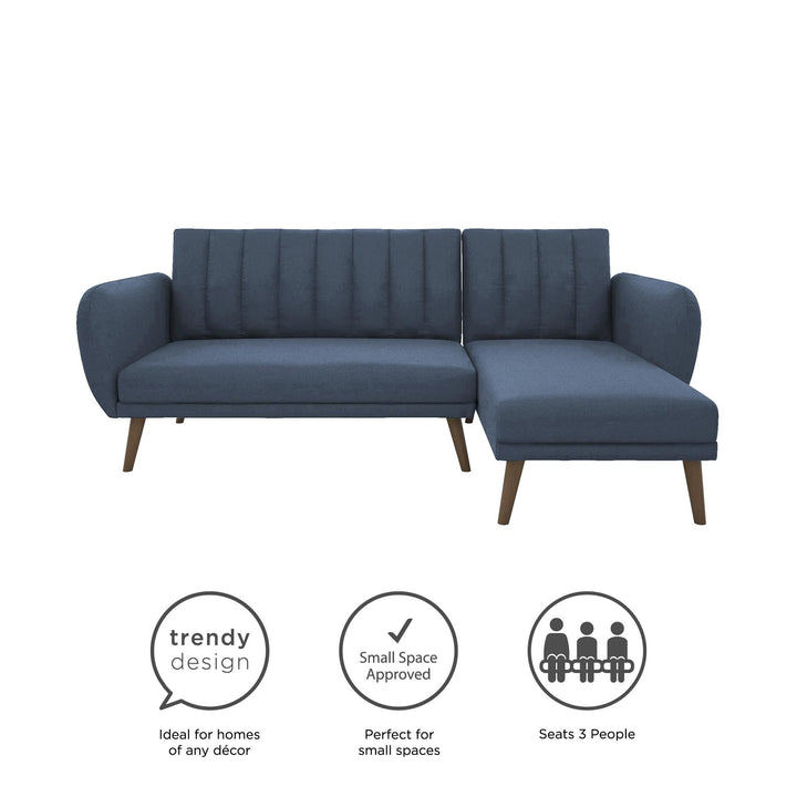 Brittany Sectional Futon Sofa with Vertical Channel Tufting and Curved Armrests - Blue Linen