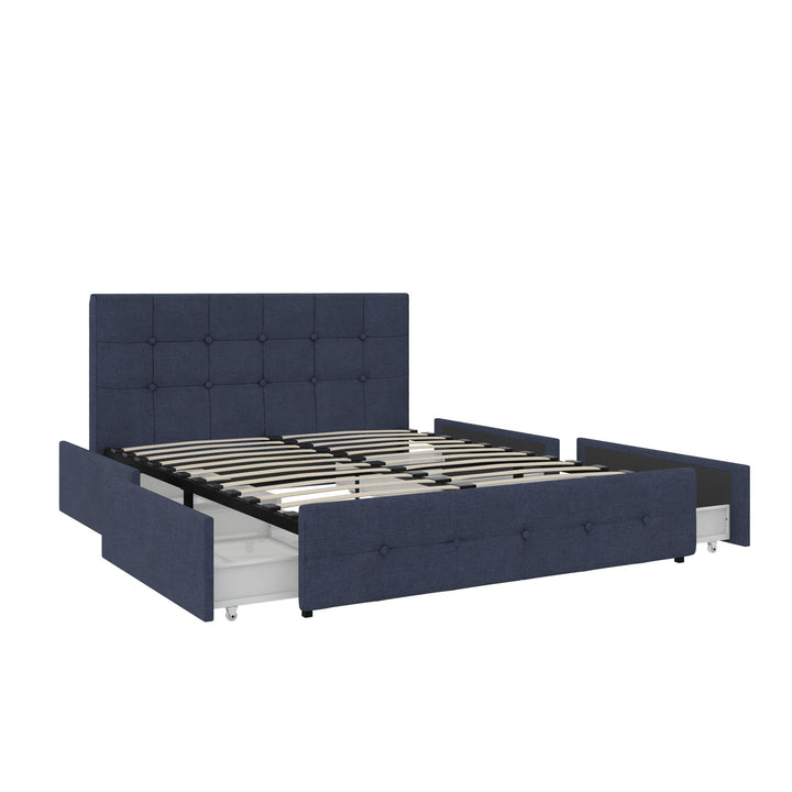 Rose Upholstered Bed with Button Tufted Detail and Storage Drawers - Blue Linen - Queen