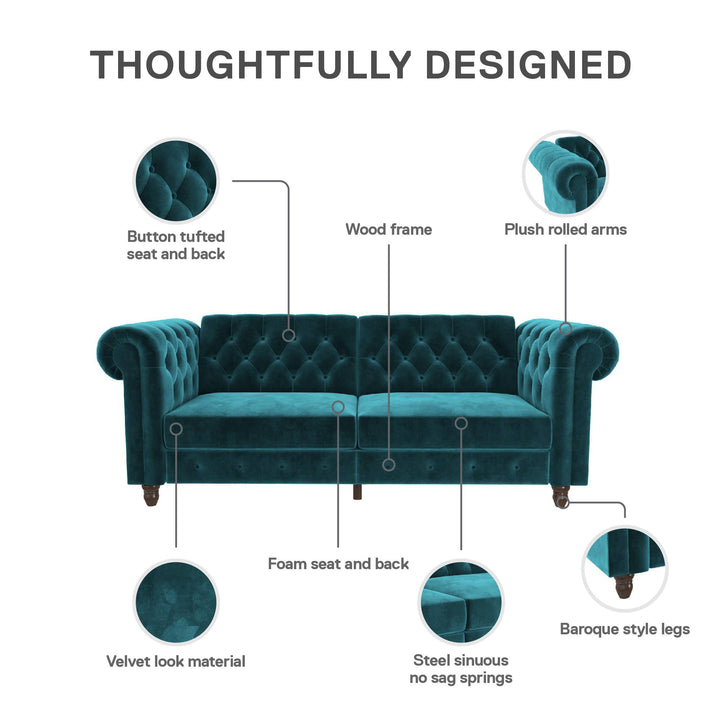 Felix Chesterfield Futon in Velvet Upholstery with Victorian Wood Padded Legs - Green