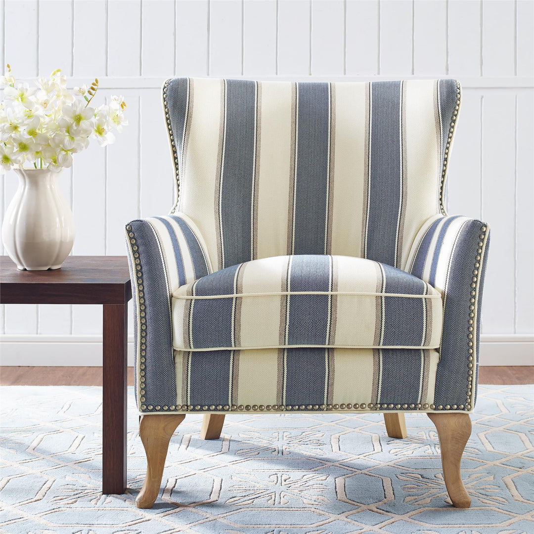 Reva Nail Head Trim Upholstered Accent Chair Club -  Blue Stripe
