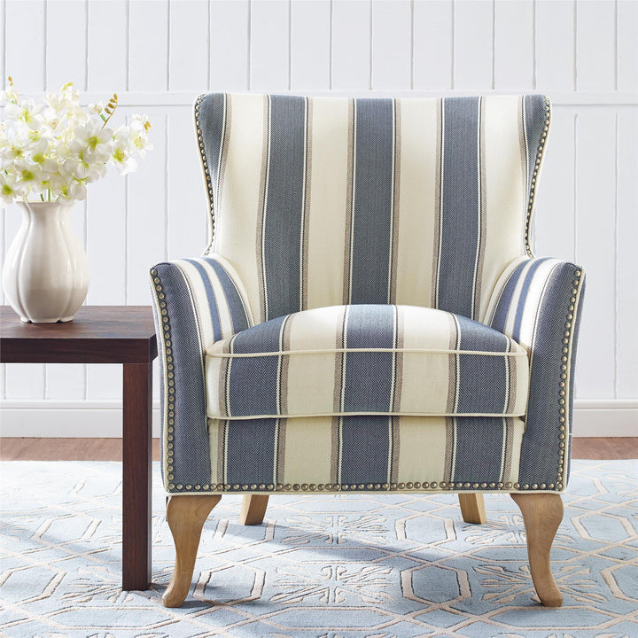 Reva Nail Head Trim Upholstered Accent Chair Club -  Blue Stripe