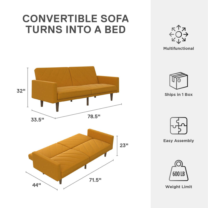 Paxson Futon with Solid Wood Legs and Diagonal Design - Mustard
