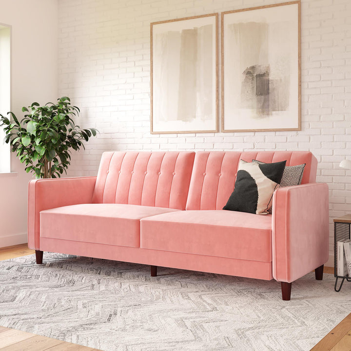 Pin Tufted Transitional Futon with Vertical Stitching and Button Tufting - Pink
