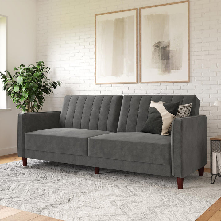 Pin Tufted Transitional Futon with Vertical Stitching and Button Tufting - Dark Gray