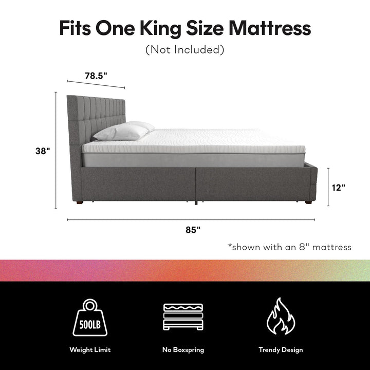 Elizabeth Upholstered Bed with Storage - Grey Linen - King