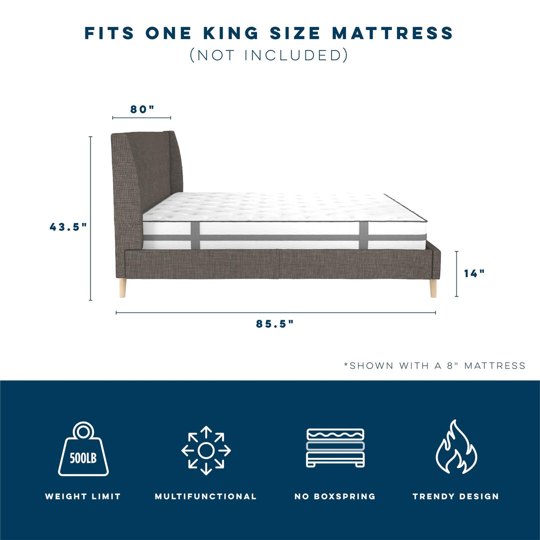 Her Majesty Wingback Bed with a Button Tufted Headboard and Tapered Wood Legs - Grey Linen - King