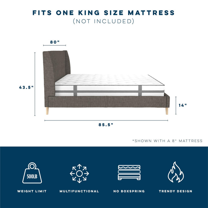 Her Majesty Wingback Bed with a Button Tufted Headboard and Tapered Wood Legs - Grey Linen - King