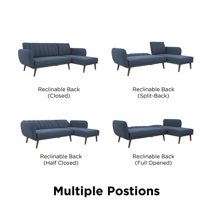 Brittany Sectional Futon Sofa with Vertical Channel Tufting and Curved Armrests - Blue Linen