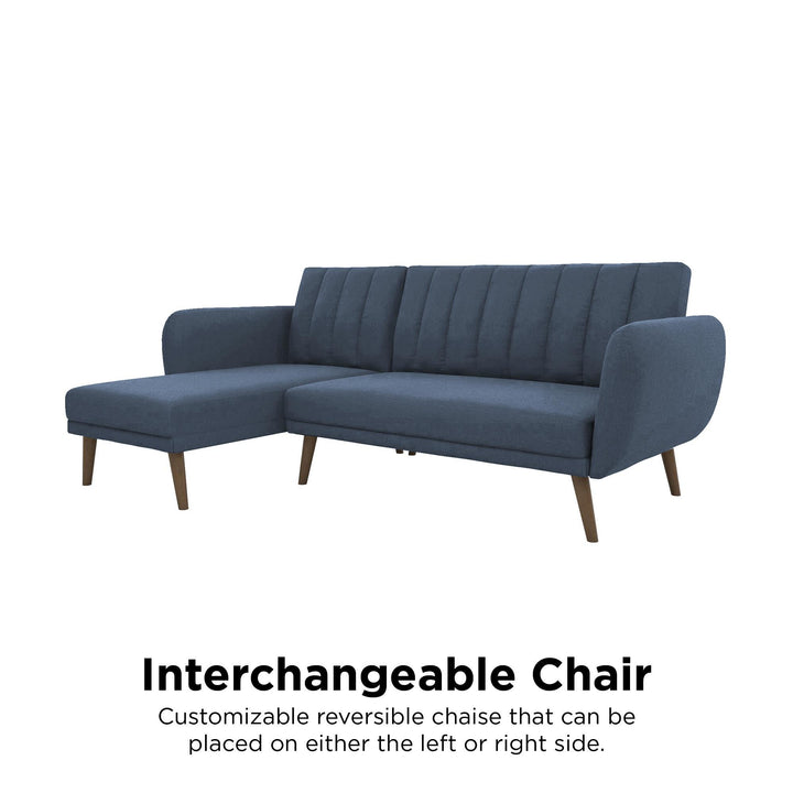 Brittany Sectional Futon Sofa with Vertical Channel Tufting and Curved Armrests - Blue Linen