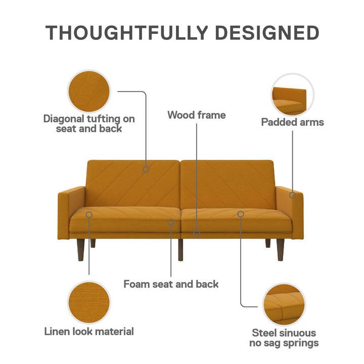 Paxson Futon with Solid Wood Legs and Diagonal Design - Mustard