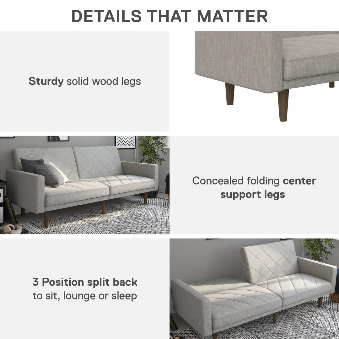 Paxson Futon with Solid Wood Legs and Diagonal Design - Light Gray