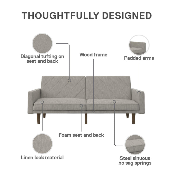 Paxson Futon with Solid Wood Legs and Diagonal Design - Light Gray