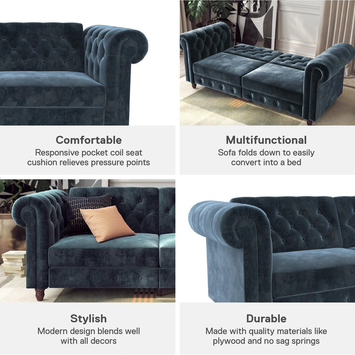 Felix Chesterfield Futon in Velvet Upholstery with Victorian Wood Padded Legs - Blue