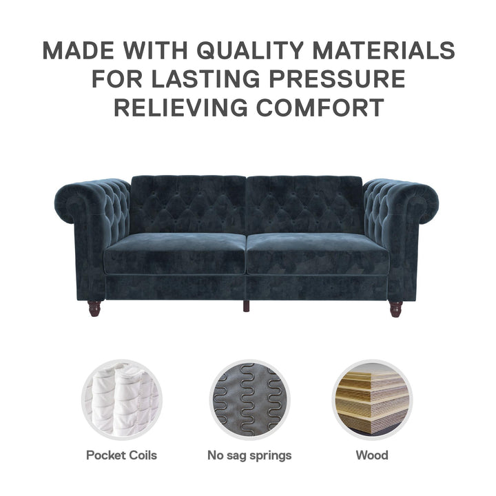 Felix Chesterfield Futon in Velvet Upholstery with Victorian Wood Padded Legs - Blue