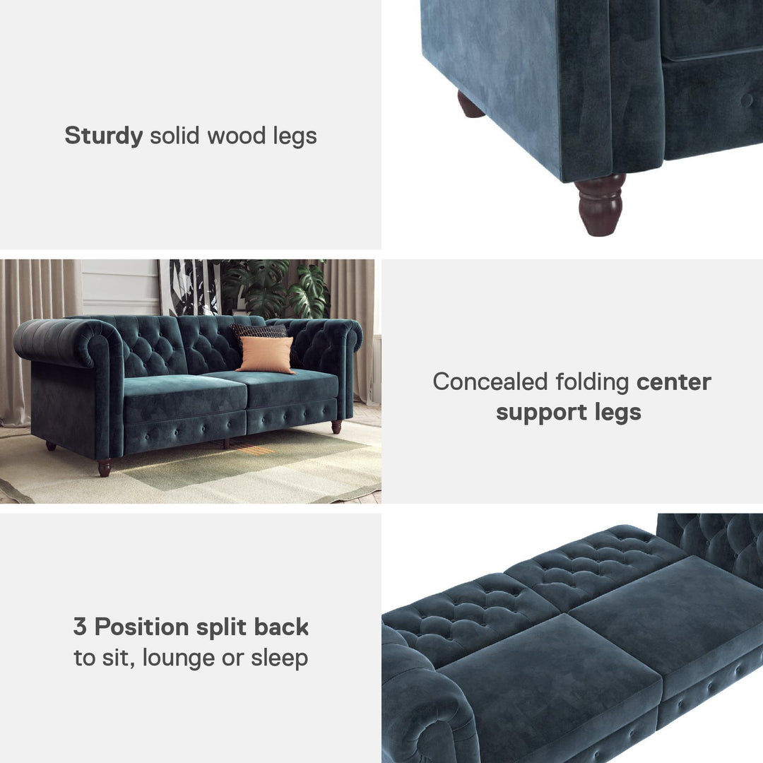 Felix Chesterfield Futon in Velvet Upholstery with Victorian Wood Padded Legs - Blue