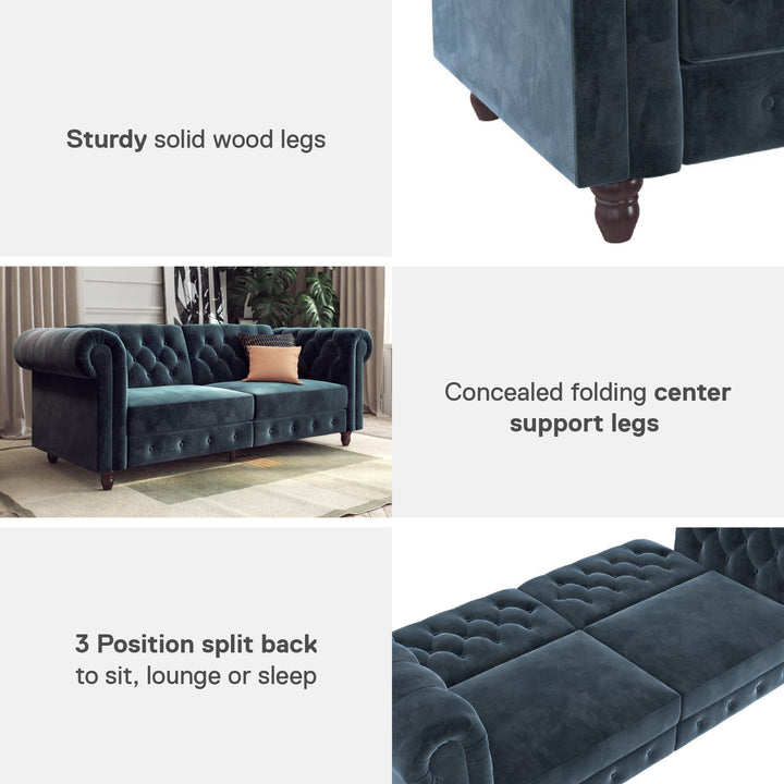 Felix Chesterfield Futon in Velvet Upholstery with Victorian Wood Padded Legs - Blue