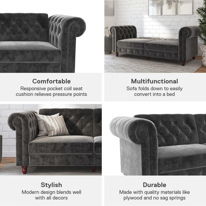 Felix Chesterfield Futon in Velvet Upholstery with Victorian Wood Padded Legs - Dark Gray