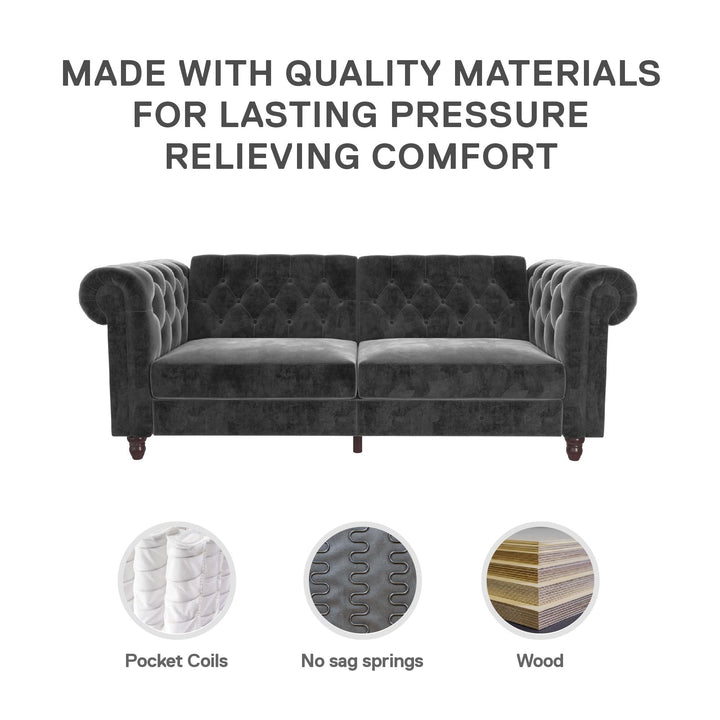 Felix Chesterfield Futon in Velvet Upholstery with Victorian Wood Padded Legs - Dark Gray
