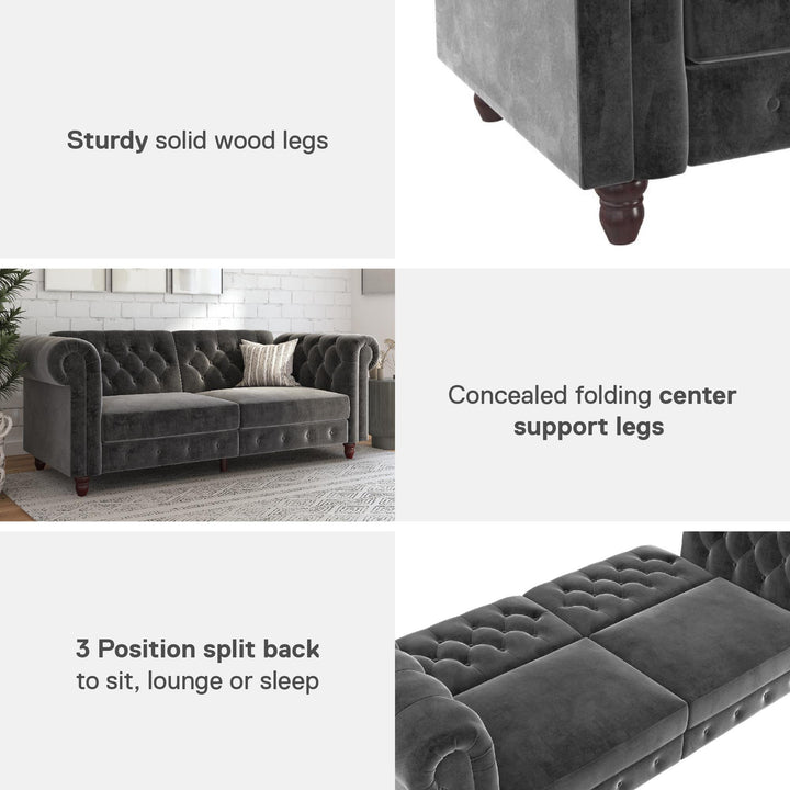 Felix Chesterfield Futon in Velvet Upholstery with Victorian Wood Padded Legs - Dark Gray