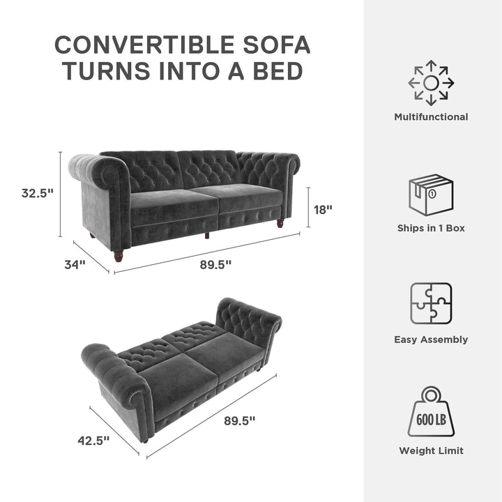 Felix Chesterfield Futon in Velvet Upholstery with Victorian Wood Padded Legs - Dark Gray