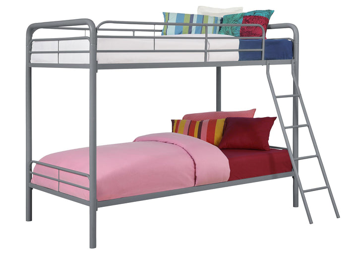 Twin over Twin Metal Bunk Bed with Slanted Front Ladder and Guardrails - Silver - Twin-Over-Twin