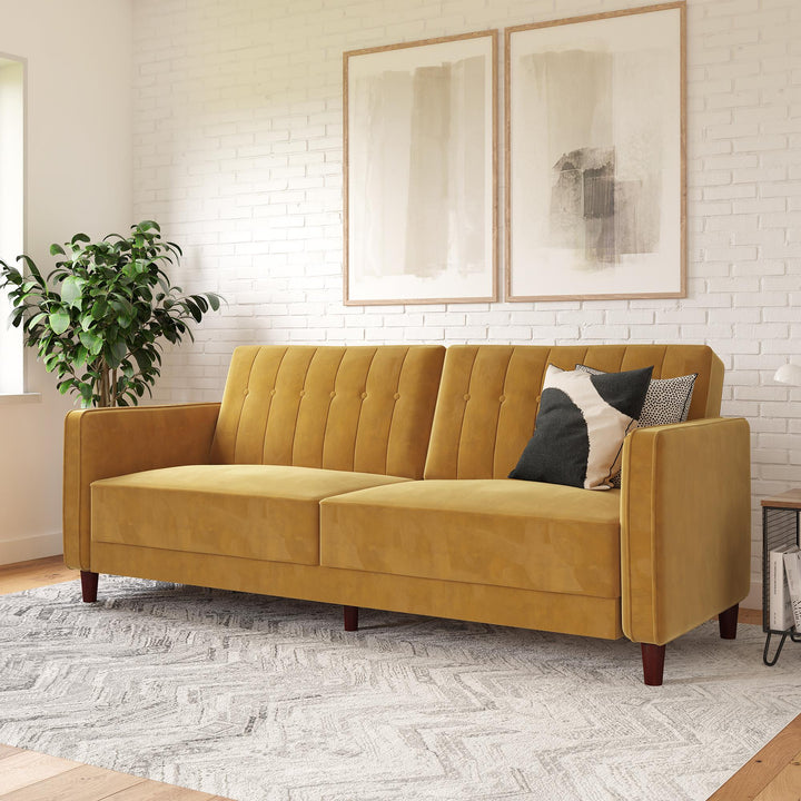 Pin Tufted Transitional Futon with Vertical Stitching and Button Tufting - Mustard