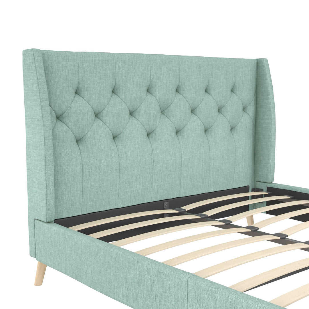 Her Majesty Wingback Bed with a Button Tufted Headboard and Tapered Wood Legs - Green - Queen