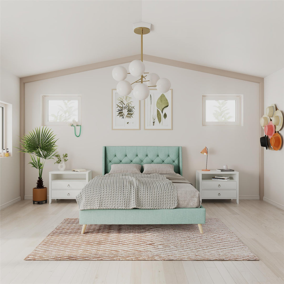 Her Majesty Wingback Bed with a Button Tufted Headboard and Tapered Wood Legs - Green - Queen