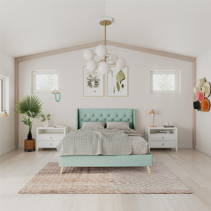 Her Majesty Wingback Bed with a Button Tufted Headboard and Tapered Wood Legs - Green - Queen