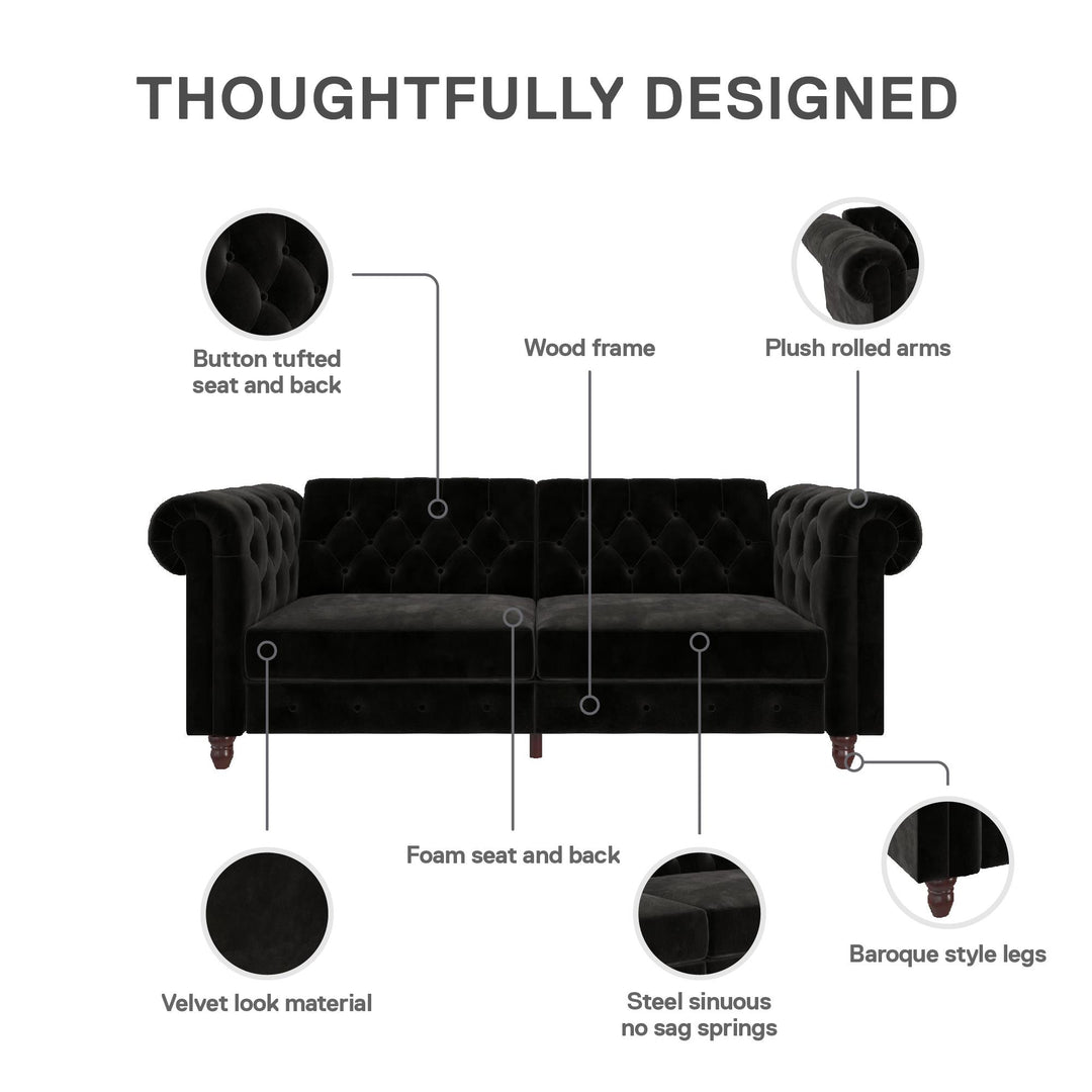 Felix Chesterfield Futon in Velvet Upholstery with Victorian Wood Padded Legs - Black