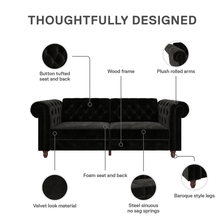 Felix Chesterfield Futon in Velvet Upholstery with Victorian Wood Padded Legs - Black